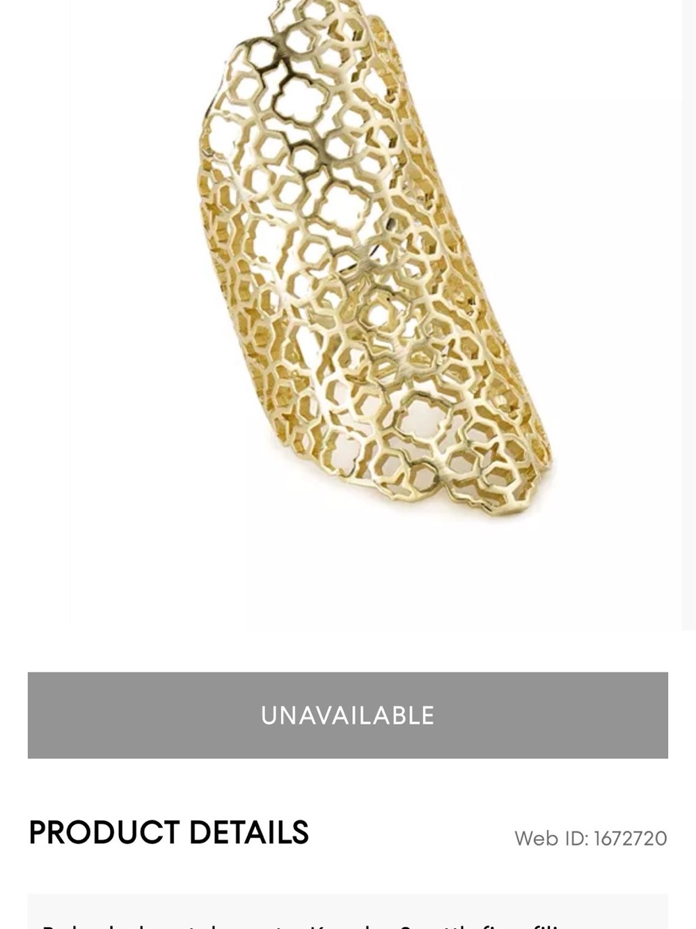 Kendra Scott Boone logo Filigree Gold tone Adjustable Statement Ring. Large
